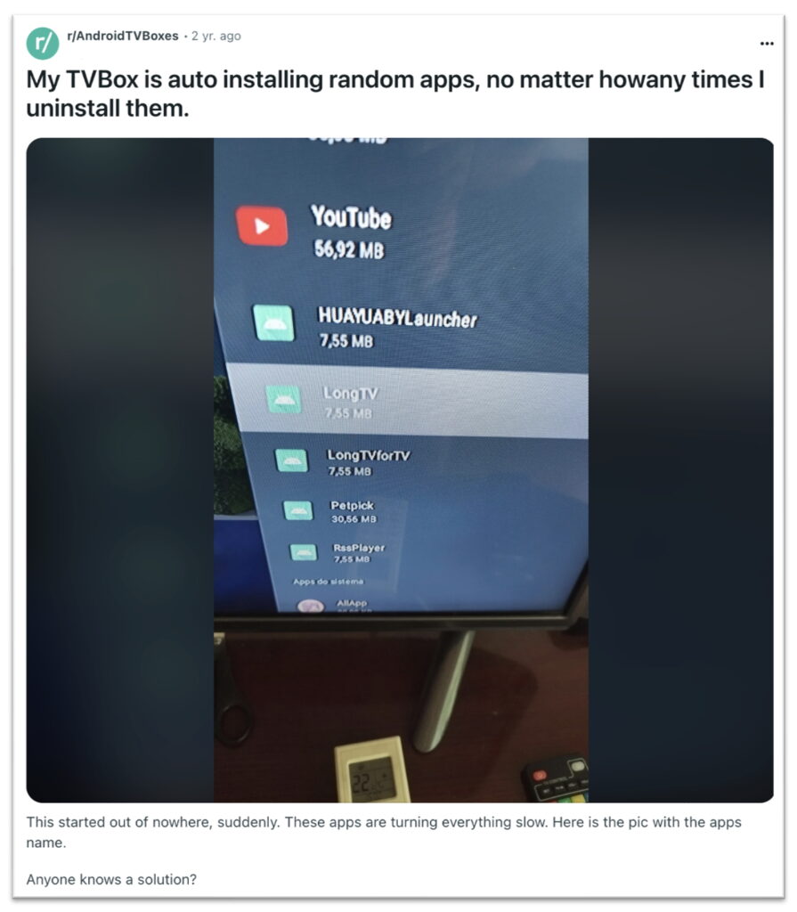An Android Open Source Project (AOSP) smart TV automatically installing decoy apps, a notable indicator of compromise. Screenshot taken by ICDC from Reddit, July 19, 2025.