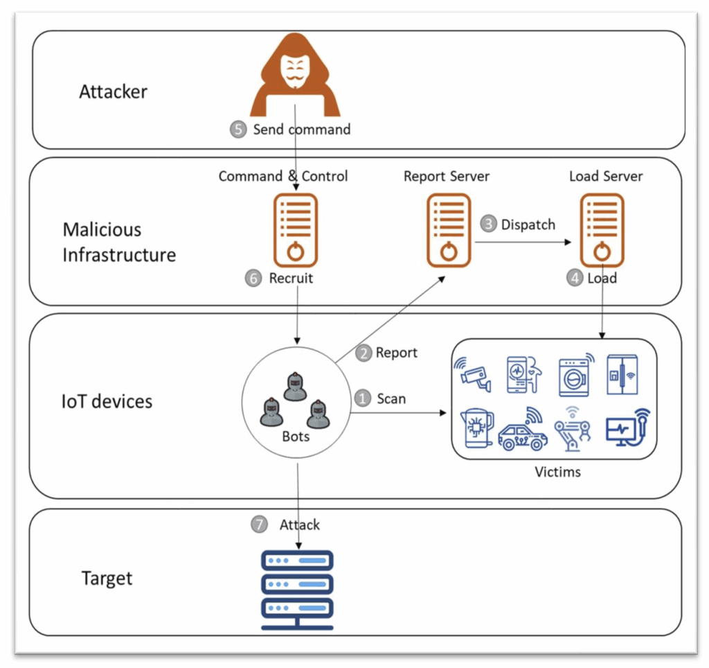 A flow diagram of an IoT botnet. Image Credit: Wazzan, et al., 2021.