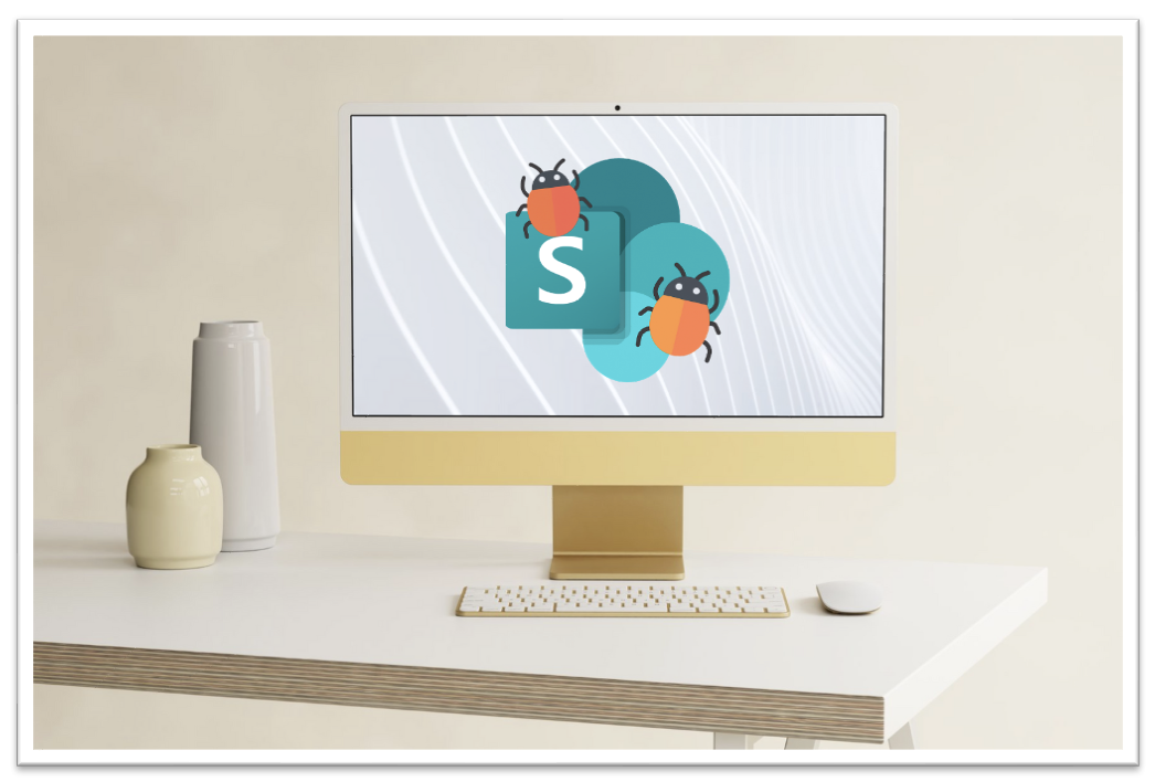 Image of a computer, the Microsoft Sharepoint logo, and computer bugs.