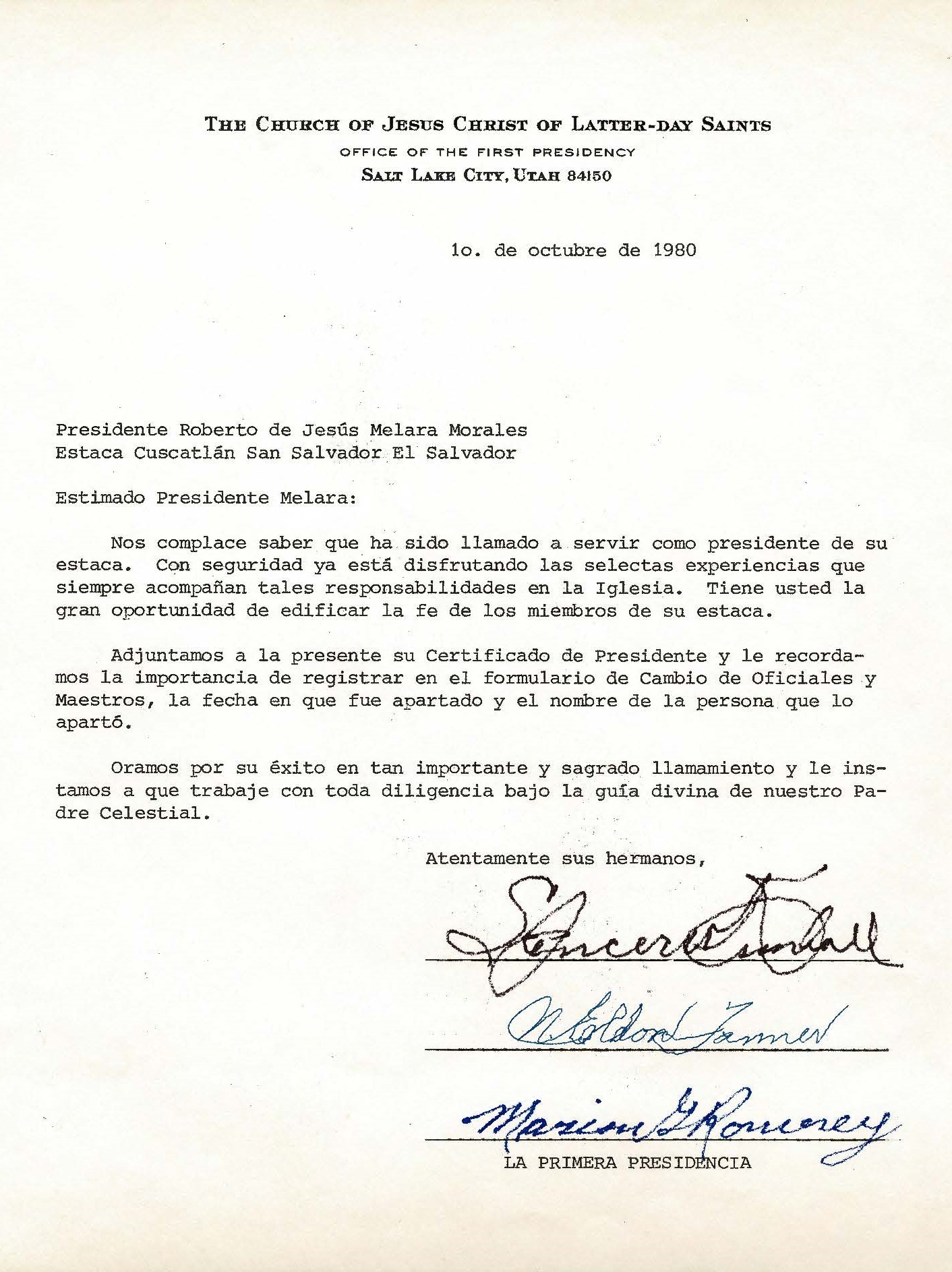 1980 letter from the First Presidency calling Roberto to be a stake president in El Salvador